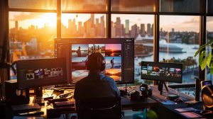 A dramatic, ultra-realistic widescreen banner image of a creative studio in Sydney where a team of content creators and digital strategists are reviewing vibrant visual assets on large screens. Soft cinematic lighting highlights colourful photos, short-form video frames, and dynamic mood boards (no text). Through tall windows, the Sydney skyline and harbour glow during golden hour. A high-end camera setup, ring lights, and styling props create an atmosphere of professional content production. The scene feels modern, artistic, and fast-paced, capturing the essence of Instagram advertising and Sydney’s creative energy. Cinematic wide-angle composition, rich colour grading.