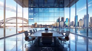 A dramatic, ultra-realistic widescreen banner image of a sleek Sydney corporate boardroom where marketing strategists and executives are reviewing professional campaign visuals on a large digital wall display. The screens show clean, sophisticated graphics, audience segmentation visuals, and data signals (no text). Floor-to-ceiling windows reveal the Sydney skyline with the Harbour Bridge and high-rise towers under cool morning light. The atmosphere feels polished, intelligent, and business-focused, highlighting precision targeting and B2B strategy. Cinematic ultra-wide composition with crisp reflections and premium corporate styling.