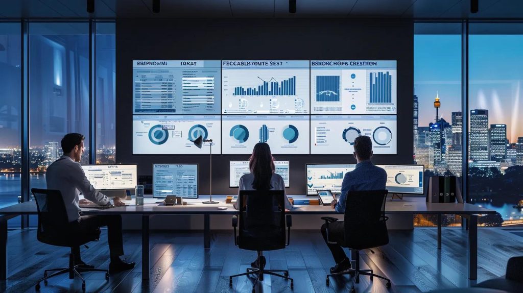 A dramatic, ultra-realistic widescreen banner image of a digital marketing team in a modern Sydney workspace analysing a large social media engagement dashboard displayed across multiple screens. The visuals show reaction icons, audience behaviour graphs, and content preview tiles (no text). Soft blue ambient lighting from the screens contrasts with the warm evening glow streaming through windows overlooking the Sydney Harbour skyline. The scene captures collaboration, strategic planning, and the dynamic nature of Facebook marketing. Cinematic wide-angle framing with detailed reflections and high-end commercial styling.