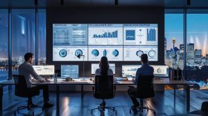 A dramatic, ultra-realistic widescreen banner image of a digital marketing team in a modern Sydney workspace analysing a large social media engagement dashboard displayed across multiple screens. The visuals show reaction icons, audience behaviour graphs, and content preview tiles (no text). Soft blue ambient lighting from the screens contrasts with the warm evening glow streaming through windows overlooking the Sydney Harbour skyline. The scene captures collaboration, strategic planning, and the dynamic nature of Facebook marketing. Cinematic wide-angle framing with detailed reflections and high-end commercial styling.