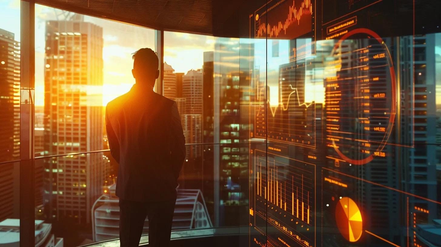 A dramatic, ultra-realistic widescreen banner image showing a performance marketing specialist reviewing incoming lead data on a sleek digital interface in a modern Australian office. Large transparent screens display glowing lead funnels, enquiry indicators, and real-time performance metrics (no text). Outside the windows, a panoramic Australian cityscape is visible at sunset, with warm golden light reflecting off skyscrapers and casting long shadows. The atmosphere feels results-driven, analytical, and high-stakes, highlighting the precision and accountability of pay-per-lead systems. Cinematic wide-angle composition, sharp details, premium lighting style.