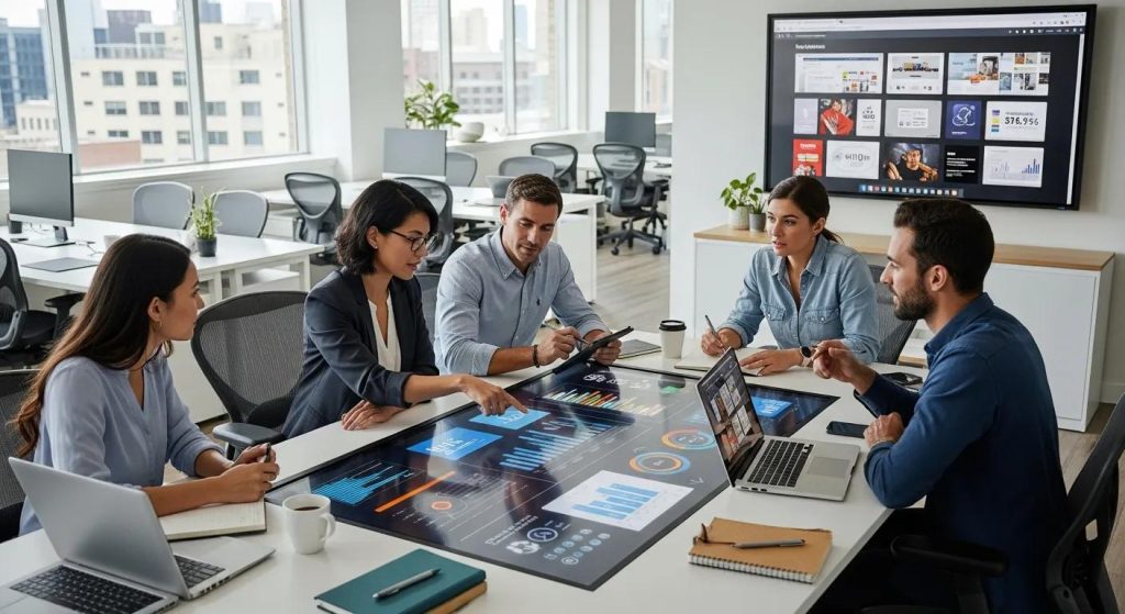 Professionals collaborating on digital marketing strategies in a modern office