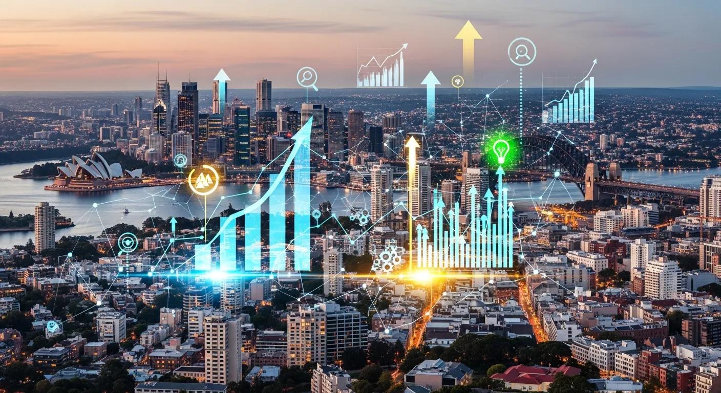 Sydney cityscape with digital marketing elements representing growth marketing strategies