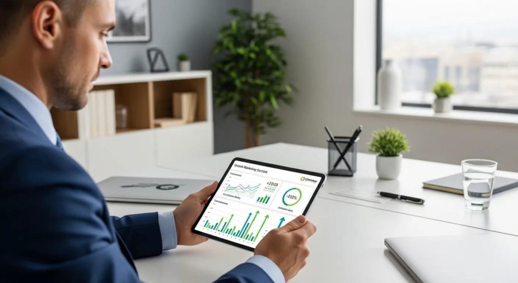 Business professional reviewing performance metrics on a tablet in an organized office, focusing on growth marketing success