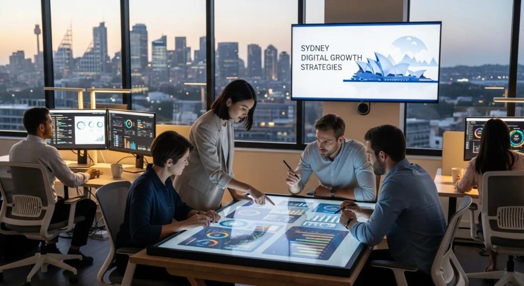 Marketing team analysing data in a modern workspace, highlighting digital growth strategies for Sydney businesses