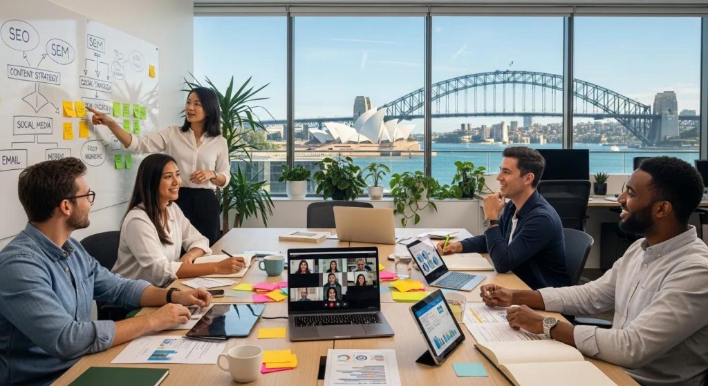 Growth marketing team brainstorming ideas in a collaborative workspace, showcasing teamwork in Sydney