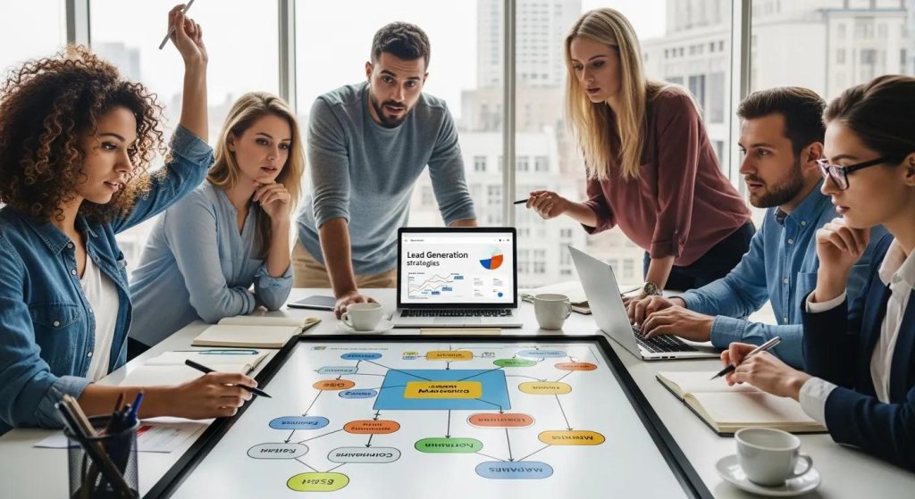 Team of marketers collaborating on lead generation strategies