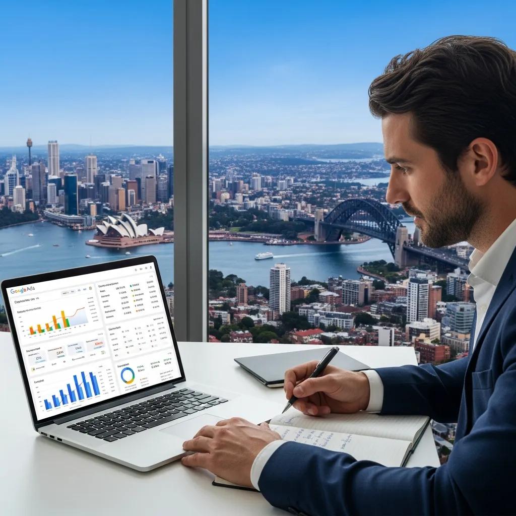 Business owner reviewing Google Ads performance with the Sydney skyline behind them