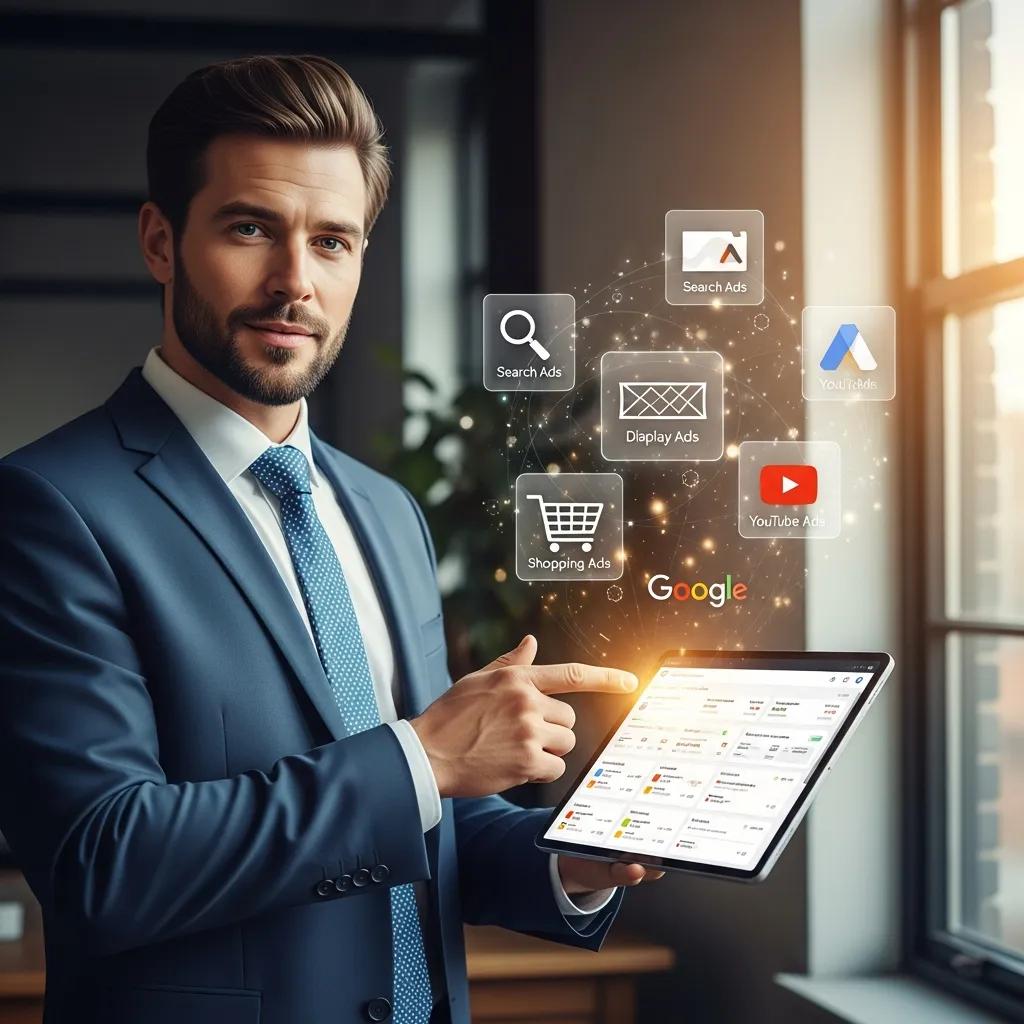 Digital marketing expert presenting Google Ads services on a tablet