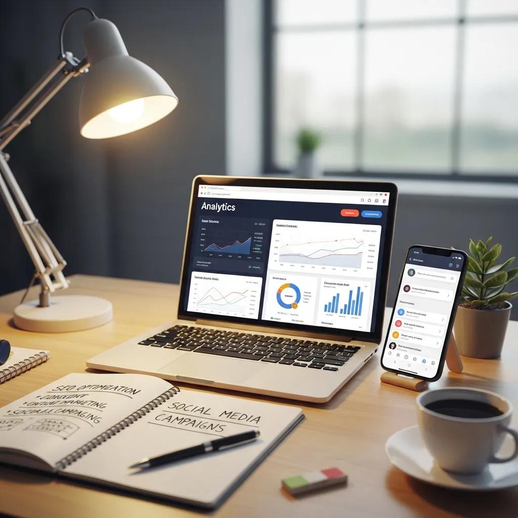 Workspace showing analytics on a laptop and social apps on a phone — a practical setup for growth campaigns