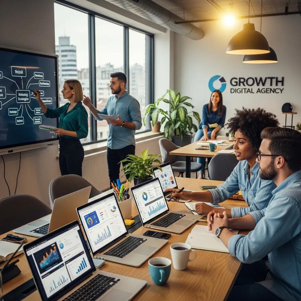Diverse marketing team collaborating in a modern office, representing digital growth agency services