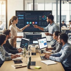 Diverse professionals collaborating in a modern office, emphasizing growth marketing strategies