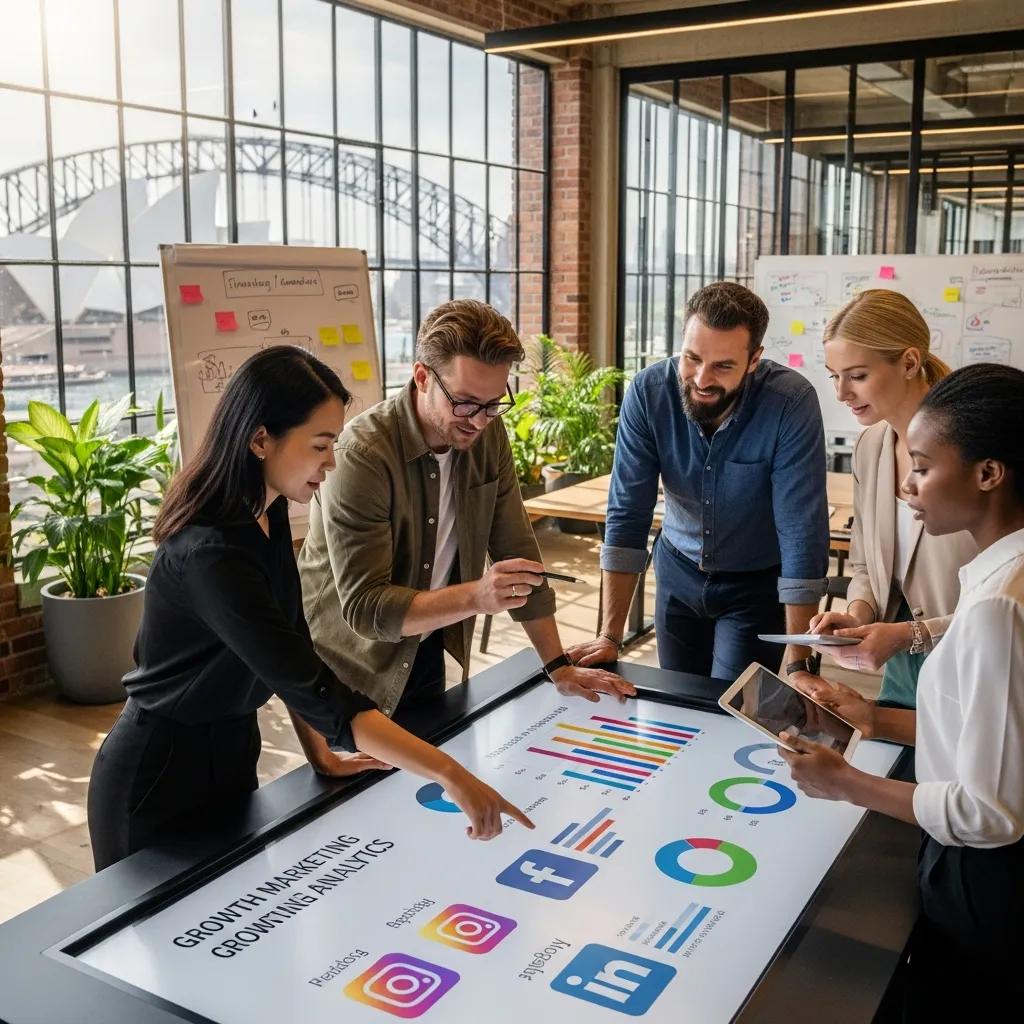 Diverse professionals collaborating in a modern office, symbolizing growth marketing strategies in Sydney