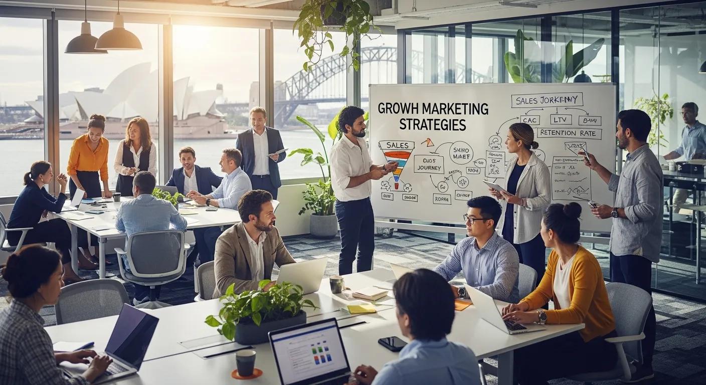 Diverse professionals collaborating in a modern office, emphasizing growth marketing strategies in Sydney