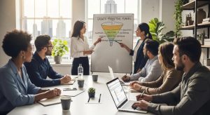 Diverse marketing professionals collaborating in a modern office, emphasizing growth marketing strategies