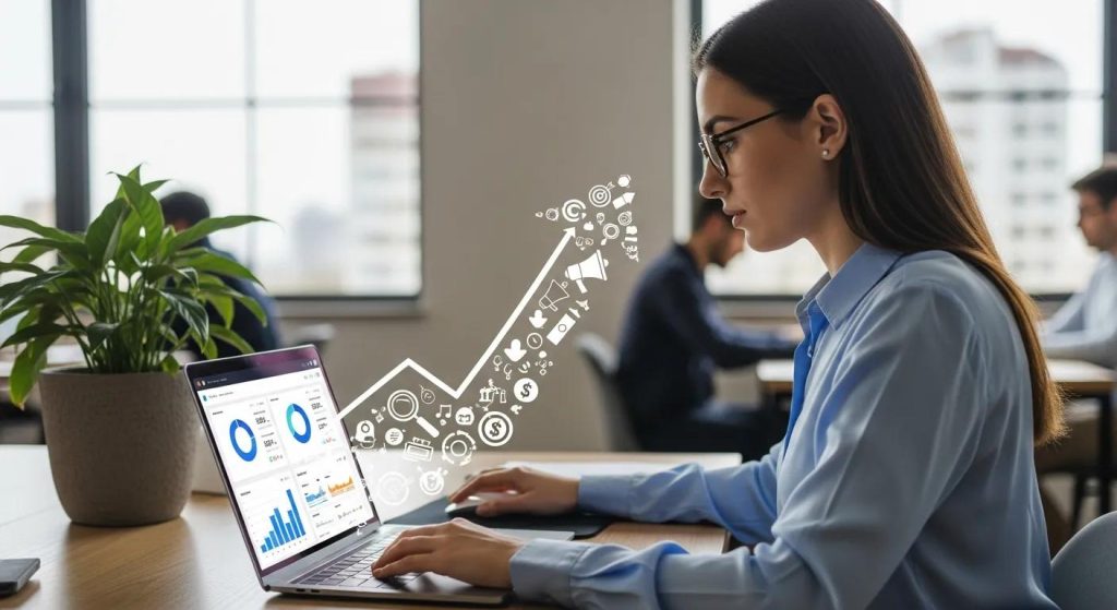 Digital marketing specialist analyzing data on a laptop in a modern workspace, illustrating growth marketing services