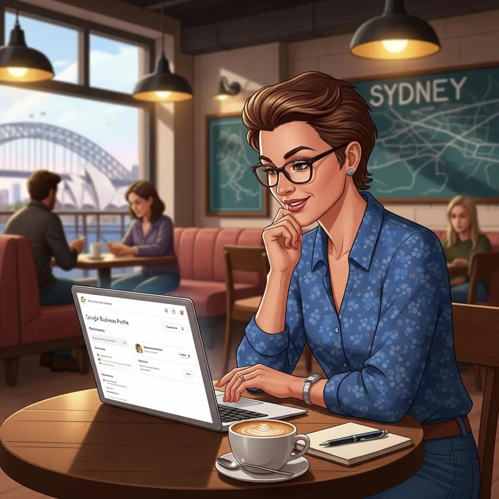 Local business owner updating Google Business Profile in a Sydney café