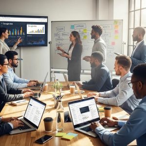 Team of professionals collaborating on a Google Ads campaign in a modern office setting