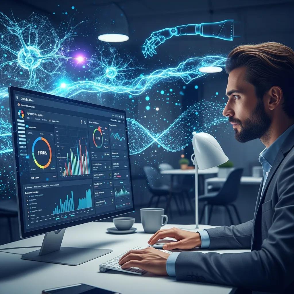 Marketer analysing campaign data with AI and automation visuals to improve Google Ads performance