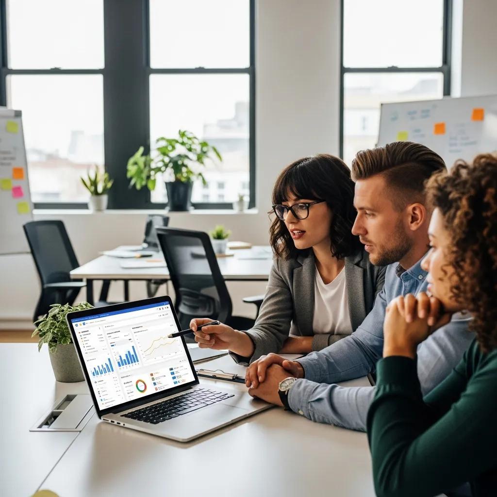 Digital marketing team collaborating on Google Ads strategies in a modern office