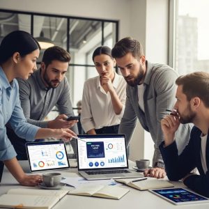 Diverse professionals collaborating on digital marketing strategies in a modern office