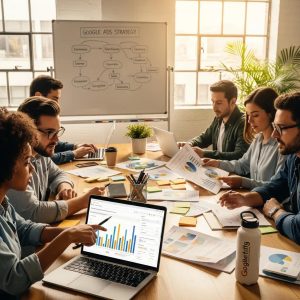 Team of professionals collaborating on a Google Ads campaign in a modern office