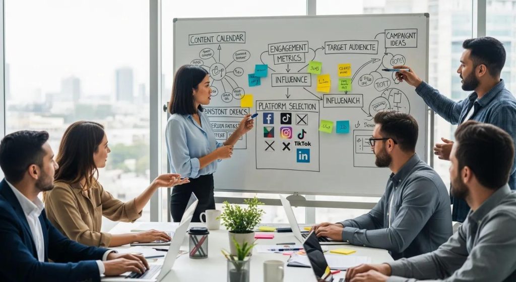 Digital marketing agency brainstorming social media management strategies with a whiteboard