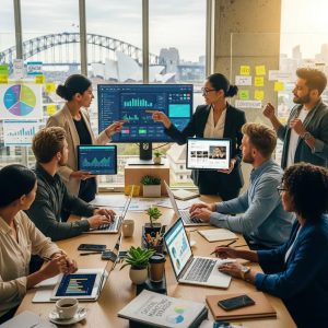 Diverse professionals collaborating in a modern office, emphasizing digital marketing strategies