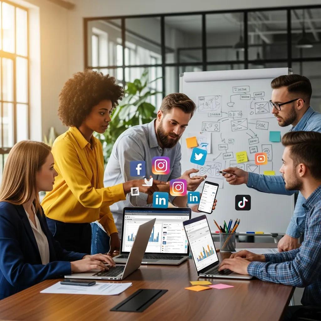 Diverse professionals collaborating on social media marketing strategies in a modern office