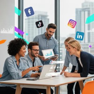 Diverse professionals collaborating on social media marketing strategies with laptops and smartphones