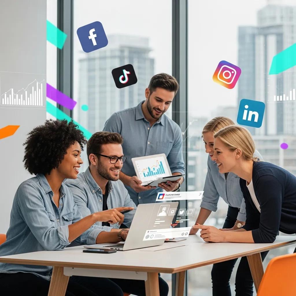 Diverse professionals collaborating on social media marketing strategies with laptops and smartphones