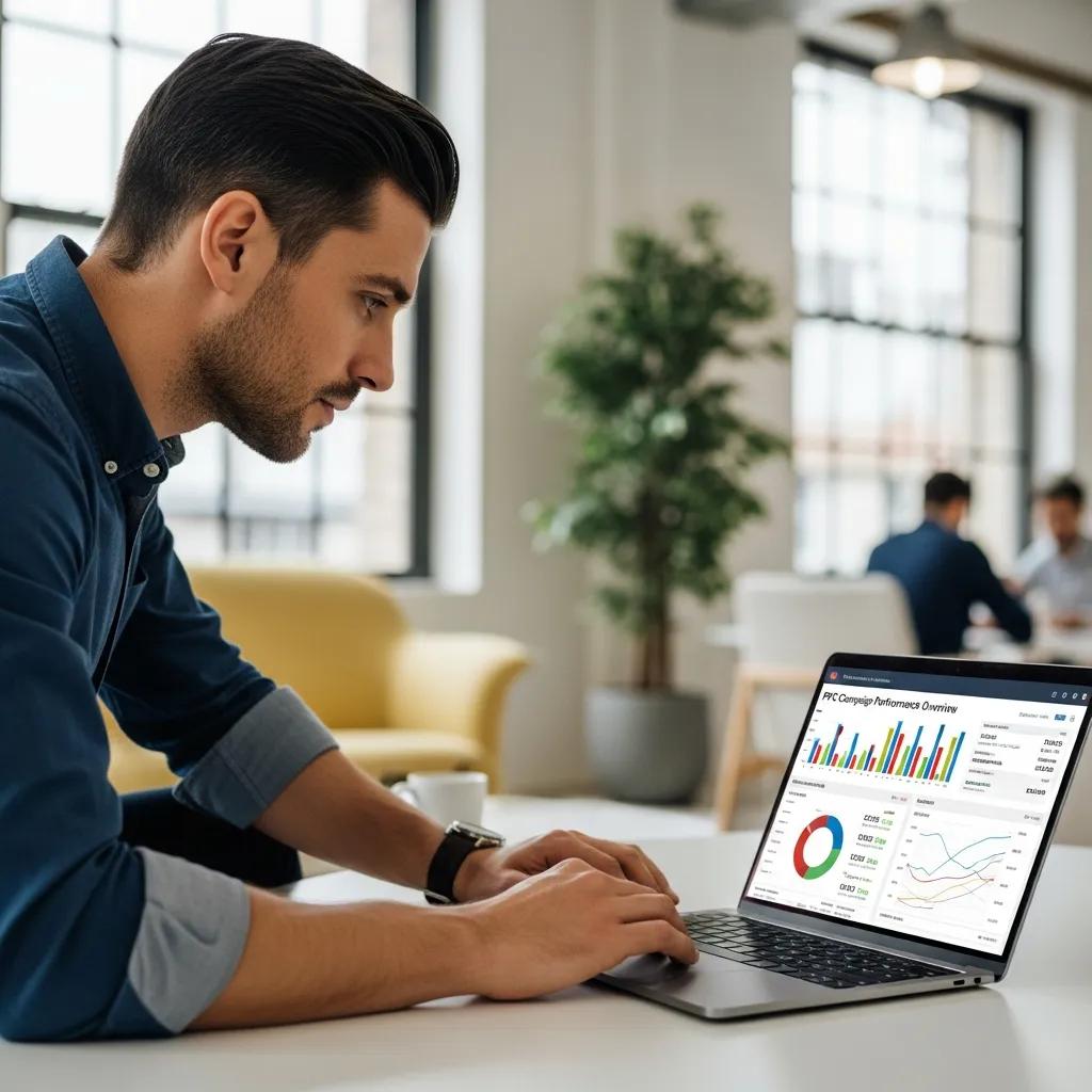 Marketing specialist reviewing PPC campaign metrics on a screen in a modern office