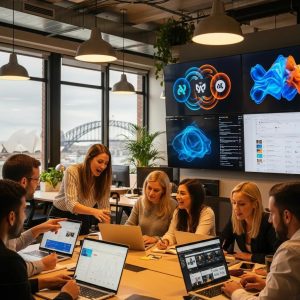 Modern digital marketing agency workspace in Sydney with diverse professionals collaborating