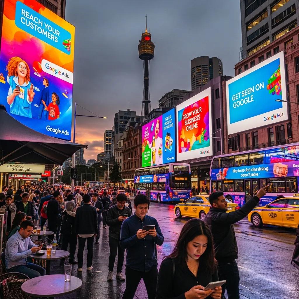 Sydney cityscape with digital advertising, representing Google Ads and online marketing