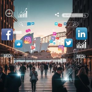 Sydney cityscape with digital marketing elements representing online business growth