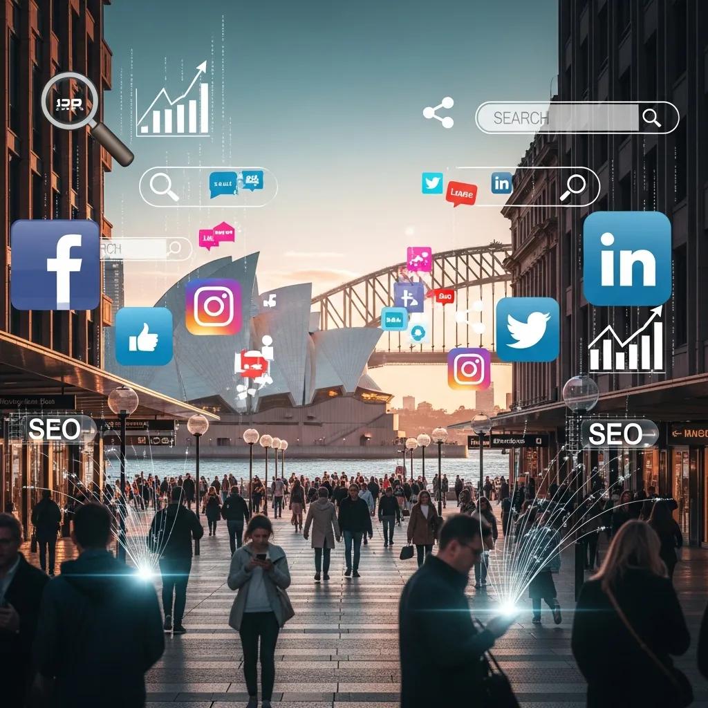 Sydney cityscape with digital marketing elements representing online business growth