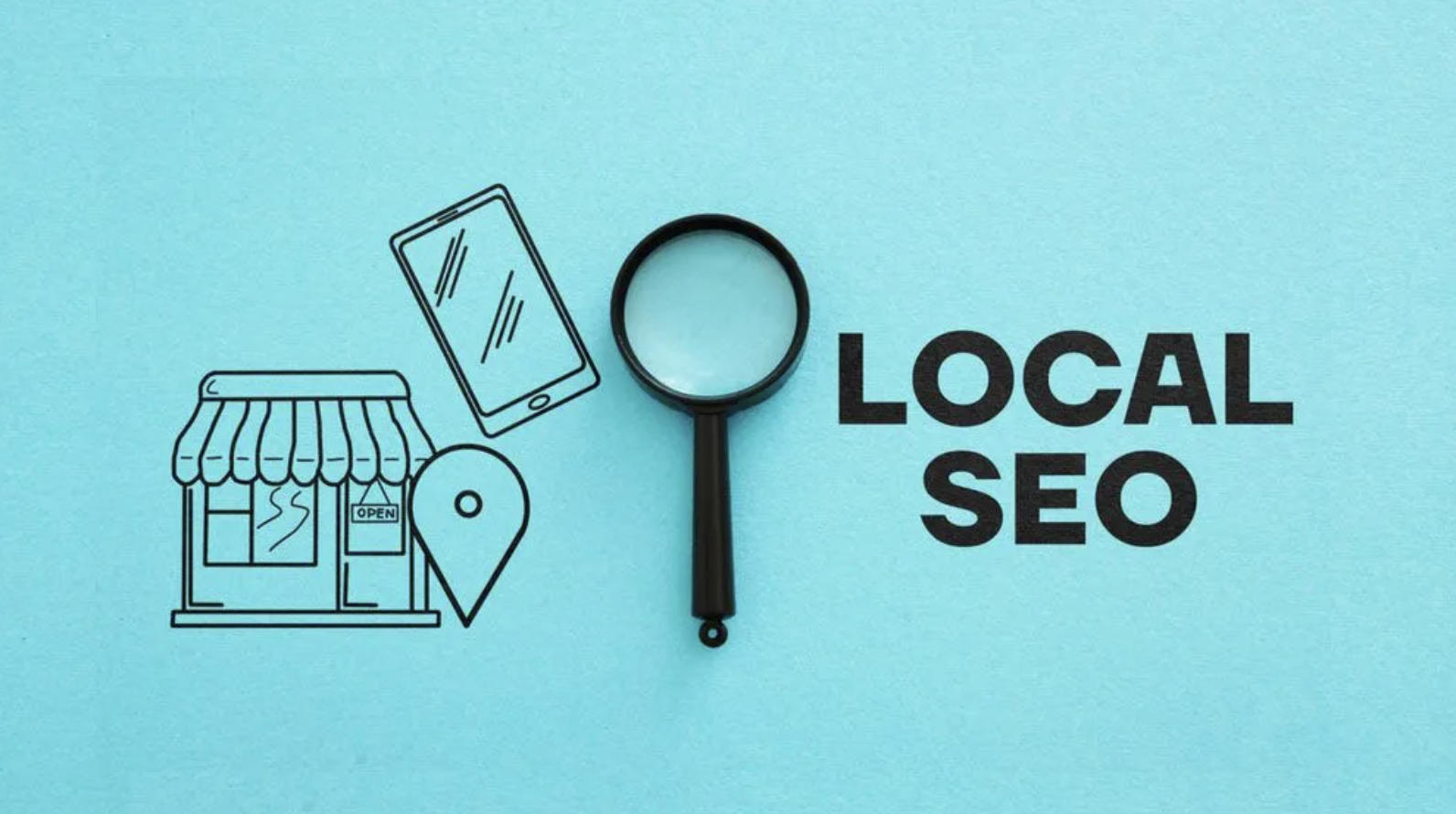### Key Elements

- **Main Subjects**: A storefront illustration, a smartphone, and a magnifying glass.
- **Objects**: A shop with an "OPEN" sign, a smartphone, and a location pin.
- **Notable Features**: The magnifying glass emphasizes search and focus, while the storefront represents local businesses.
- **Text/Symbols**: The phrase "LOCAL SEO" is prominently displayed, indicating the theme of search engine optimization for local businesses.
  
### Overall Mood/Theme
The image conveys a professional and informative theme centered on local search optimization. The use of simple illustrations and a clean layout suggests clarity and accessibility, making the concept of local SEO approachable for business owners.
