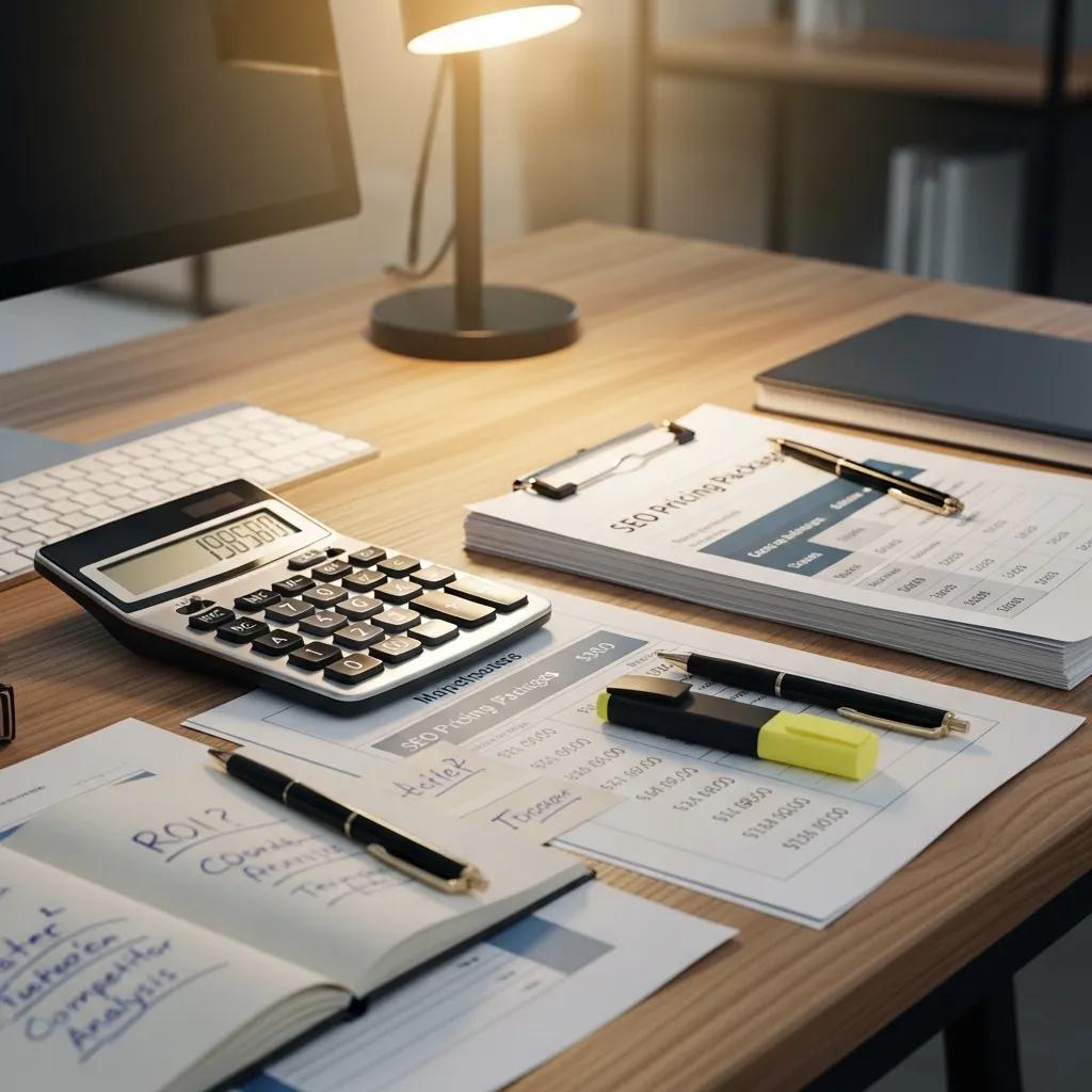 Calculator and financial documents representing SEO pricing evaluation
