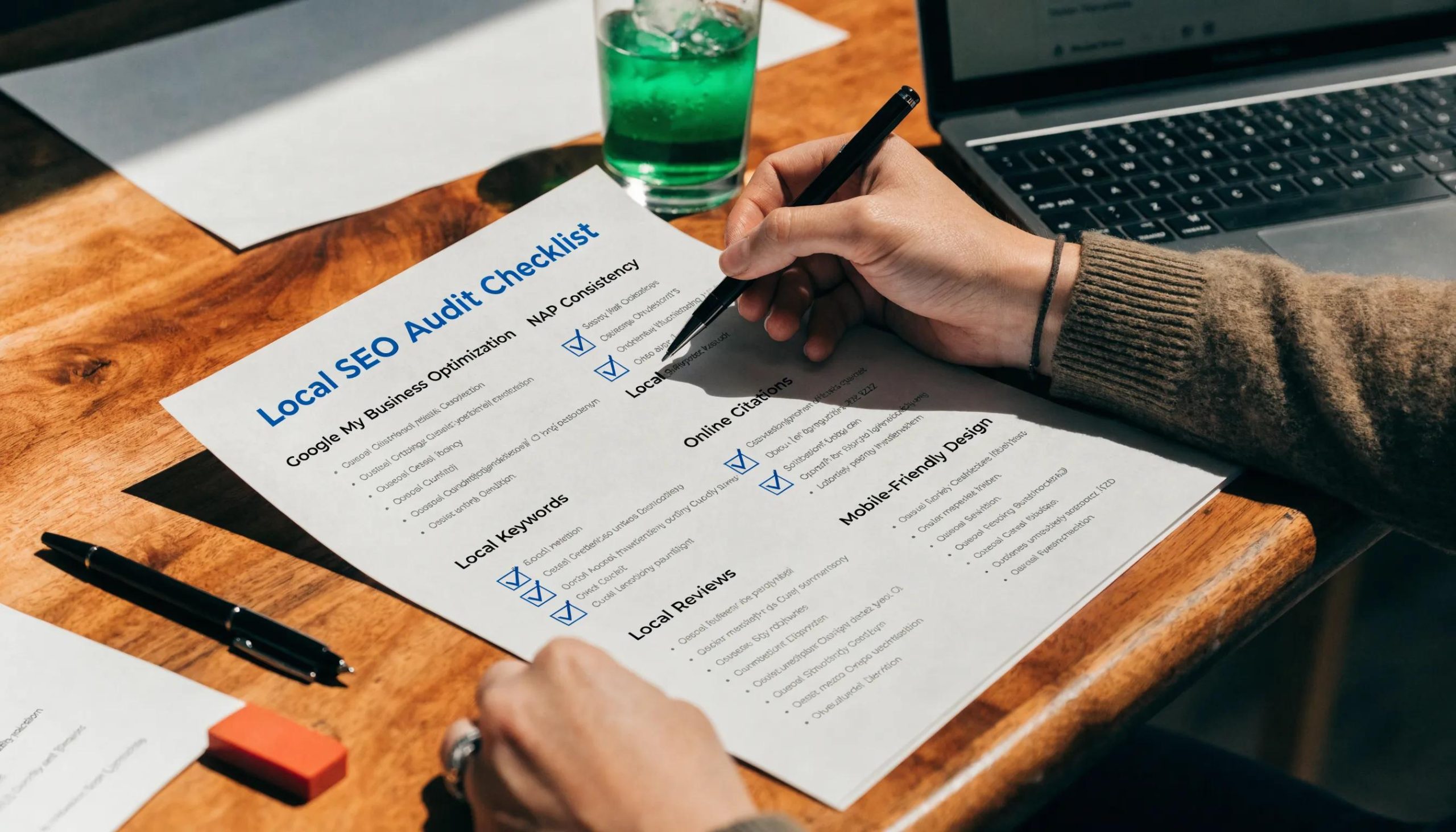 Checklist for local SEO audit components being reviewed on a desk with a laptop
