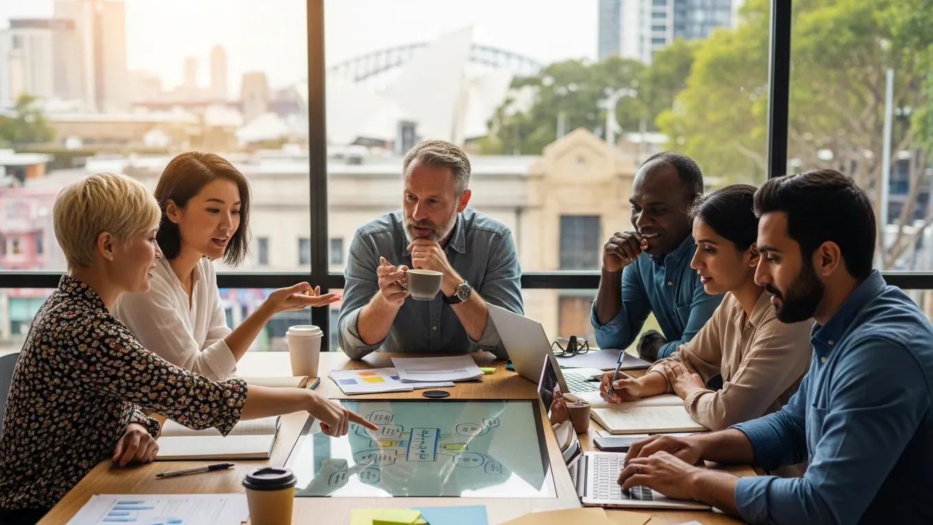 Diverse local Sydney business owners discussing pay per lead marketing strategies