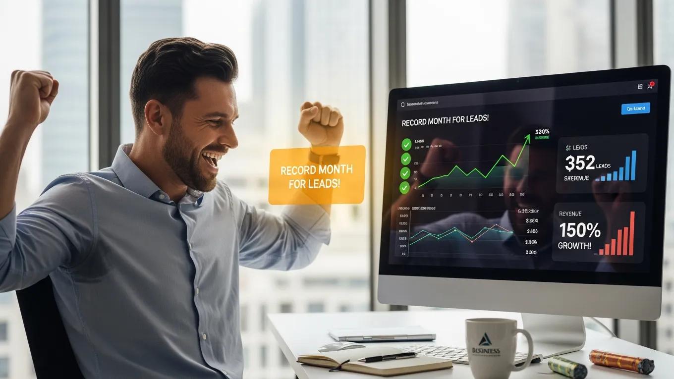 Happy business owner celebrating successful lead generation metrics on a computer screen