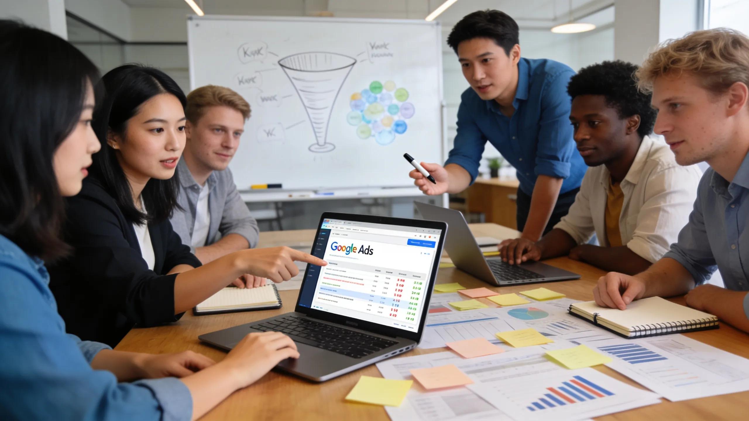 Professionals discussing Google Ads strategies in a modern office setup