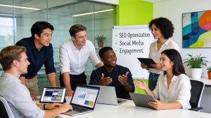 Team of marketing professionals brainstorming strategies for digital growth in Australia