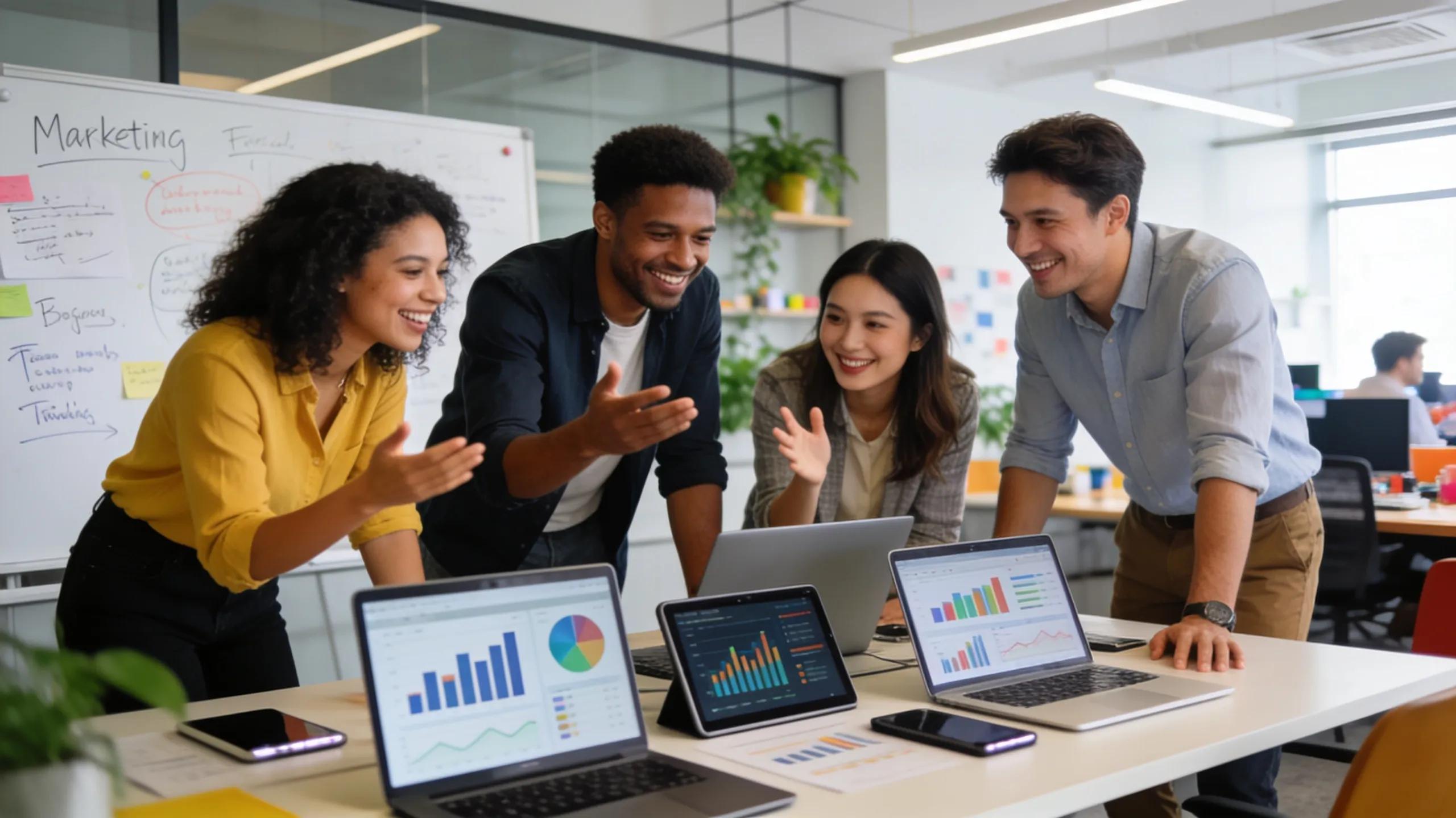 Marketing professionals collaborating on strategies in a modern office environment
